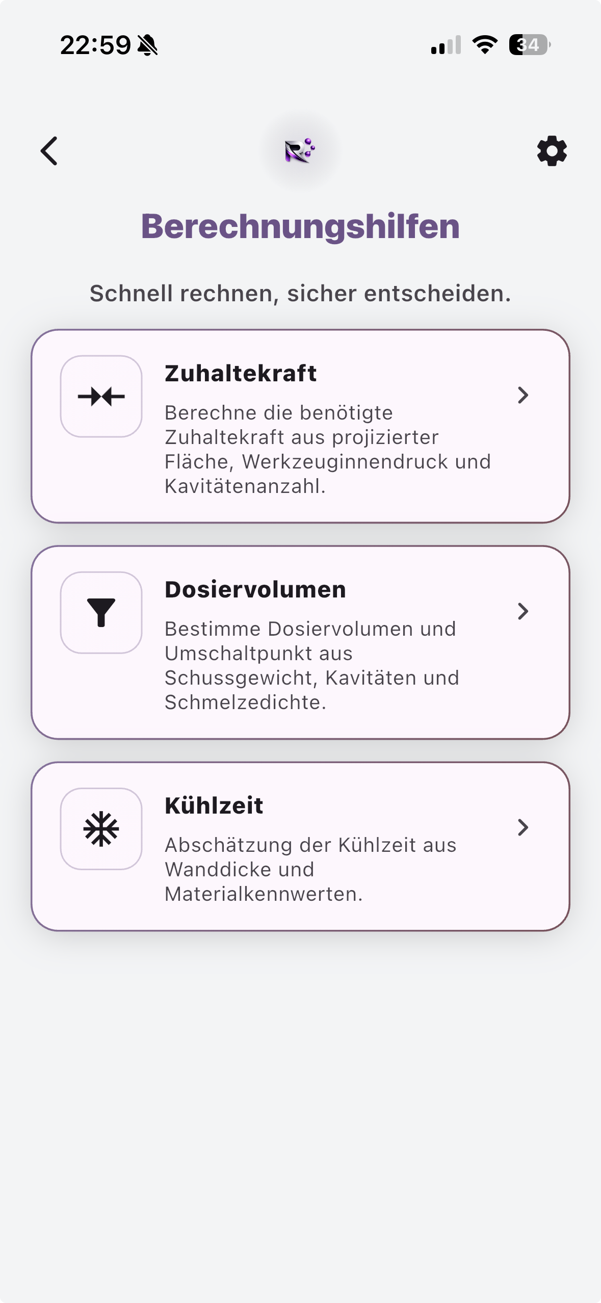 Berechnungshilfen Übersicht mit Zuhaltekraft, Dosiervolumen und Kühlzeit