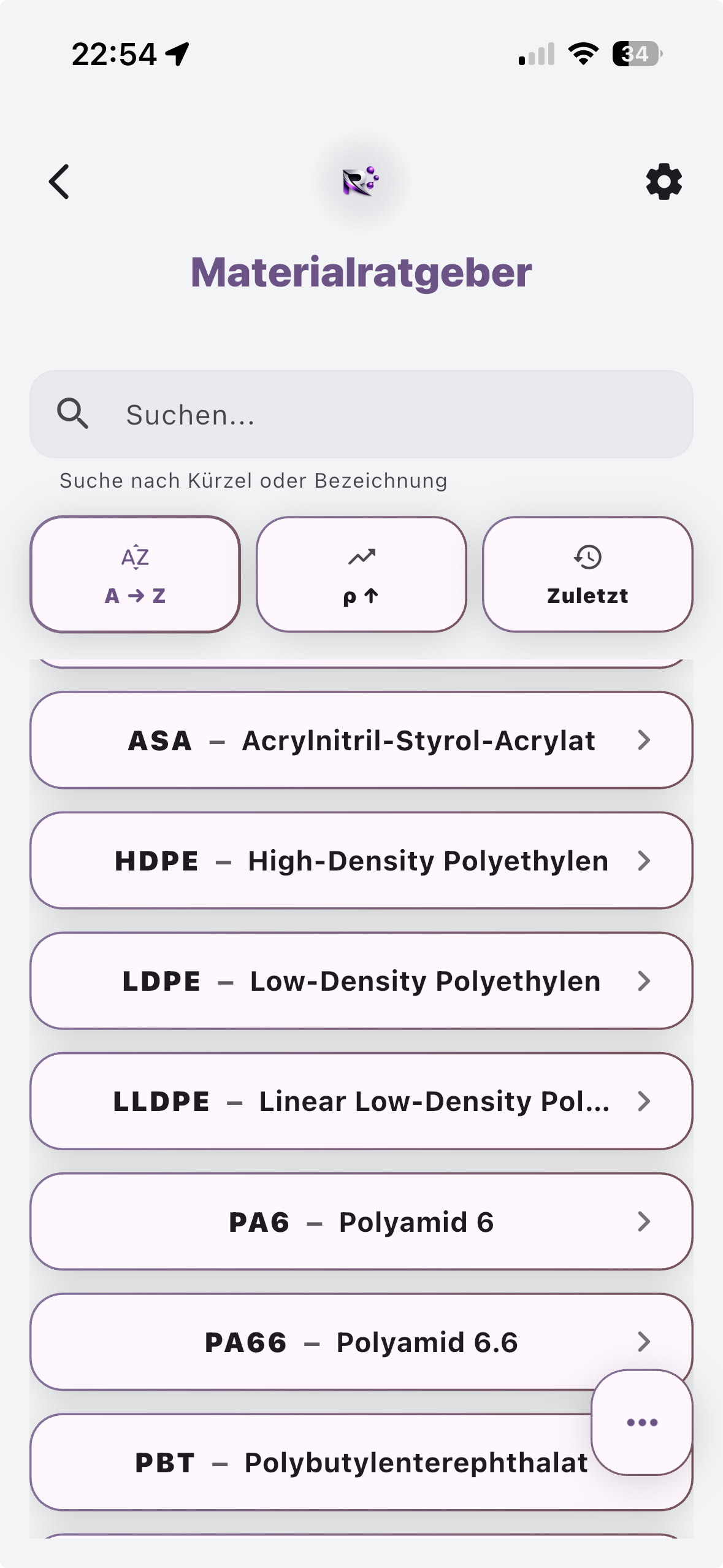 Resinovo Materialratgeber mit Suche und Materialliste