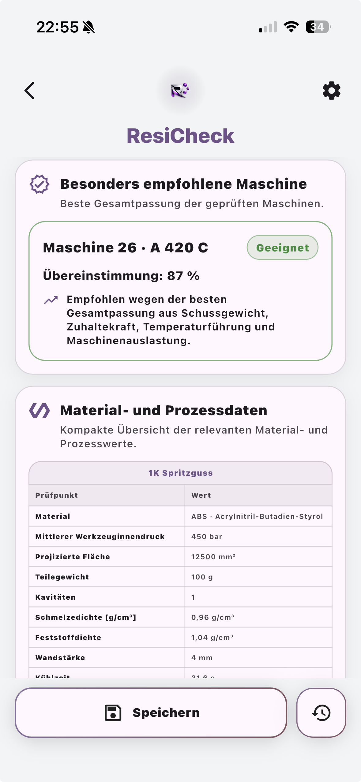 ResiCheck mit empfohlener Maschine und Material- und Prozessdaten