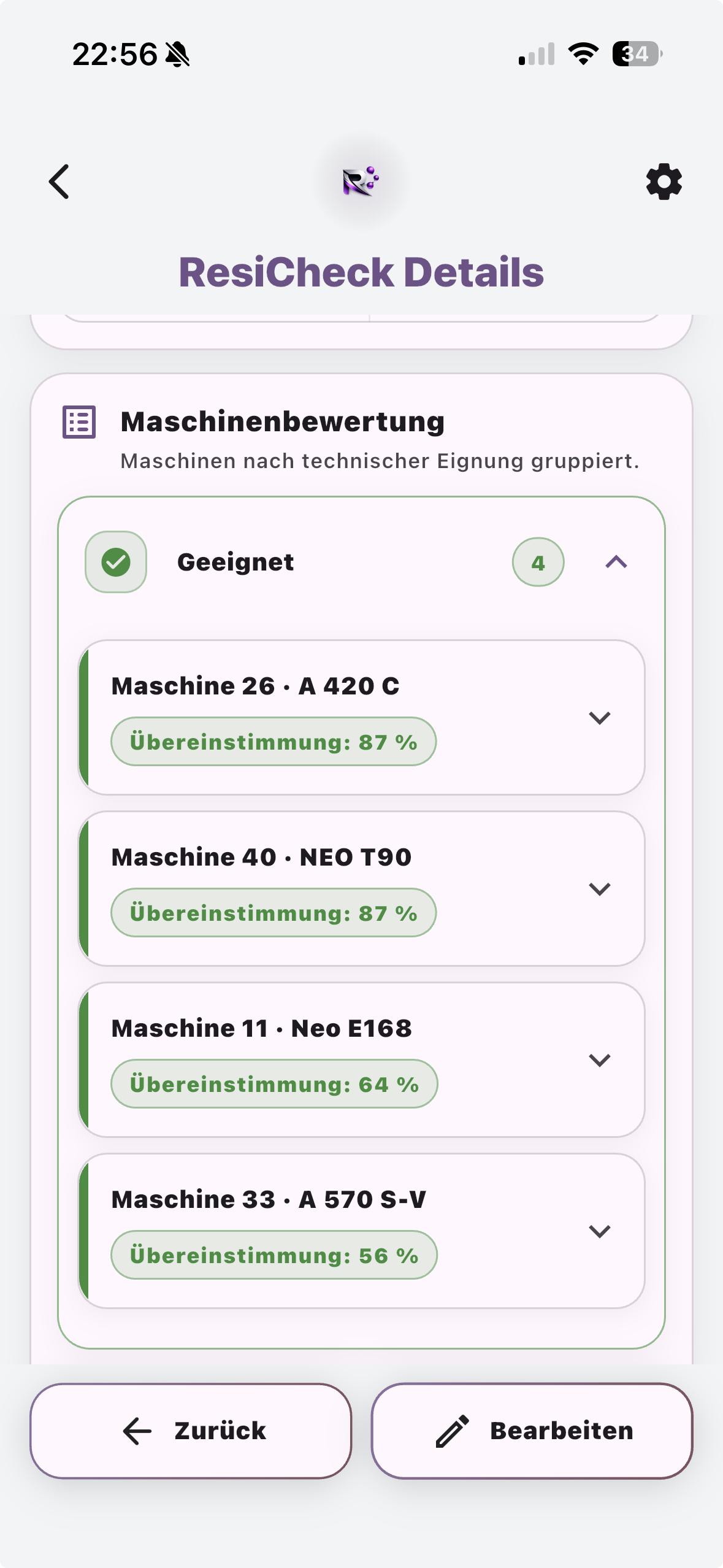 ResiCheck Details mit gruppierter Maschinenbewertung